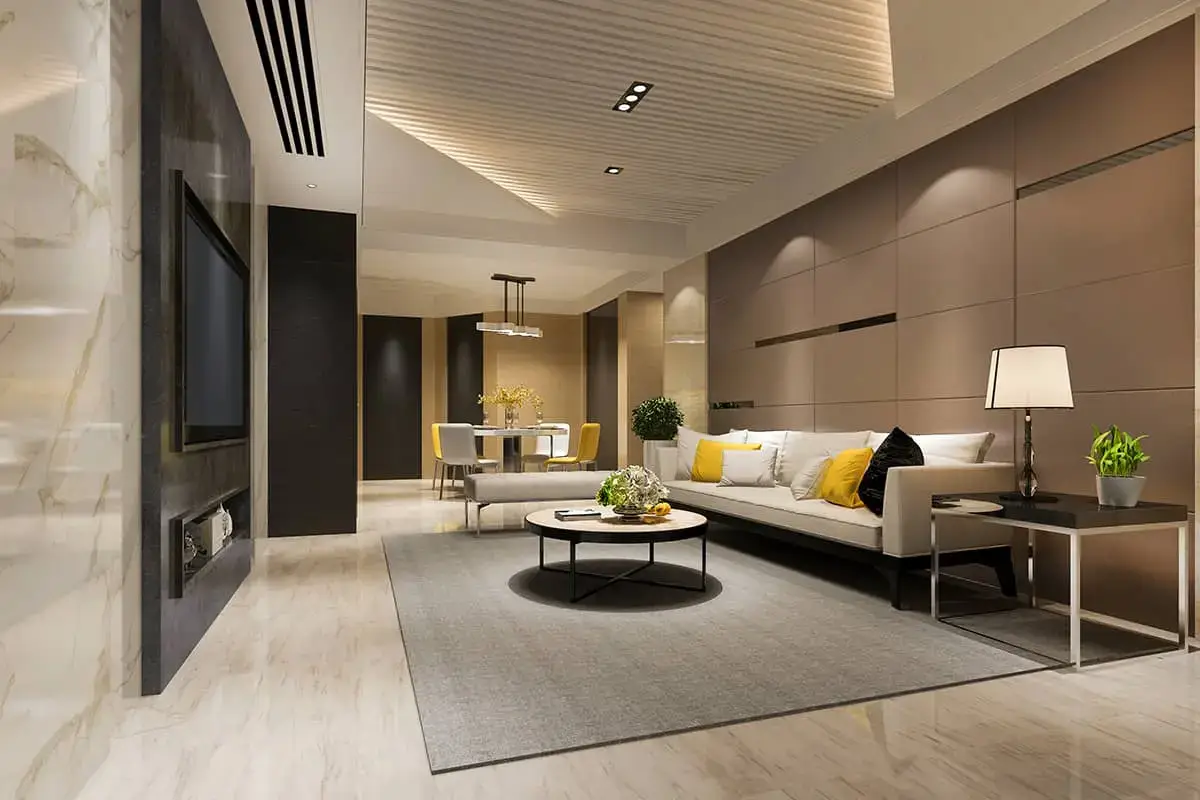 A detailed 3D render of a living room interior