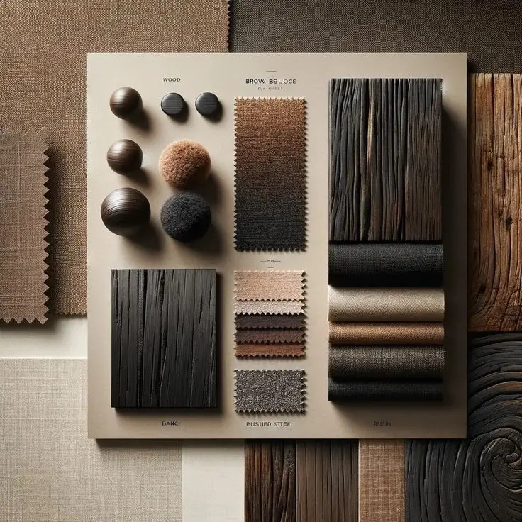 A moodboard with fabric swatches, wood samples, and inspirational images