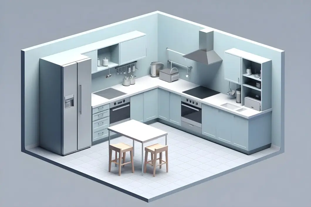 A detailed 3D rendering of a kitchen on a computer screen
