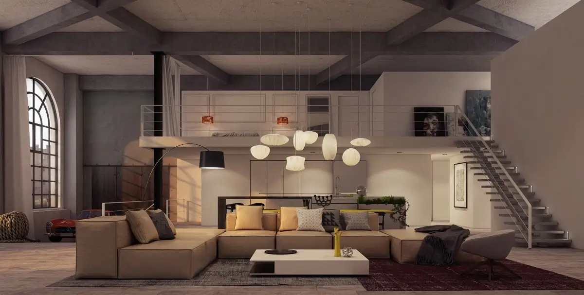 Expansive, light-filled living room of the Serene City Loft project