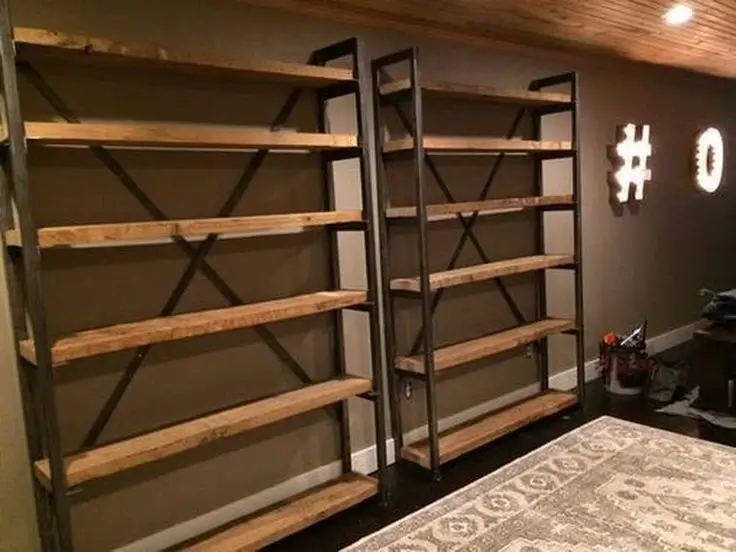 Detail of a custom-built wooden bookshelf in the loft