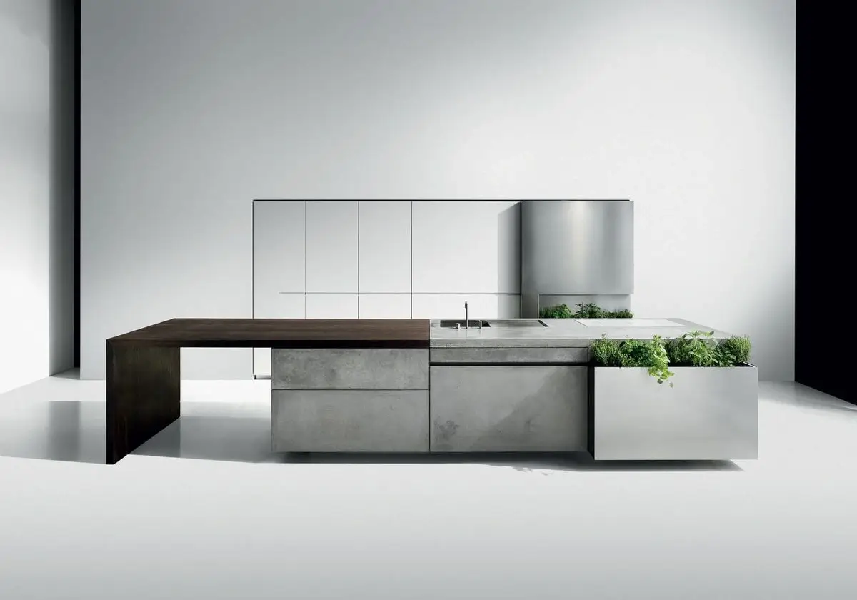 Modern kitchen with a monolithic concrete island