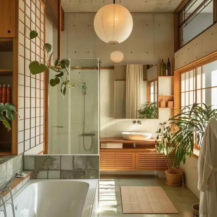 Serene bathroom with natural stone and ambient lighting