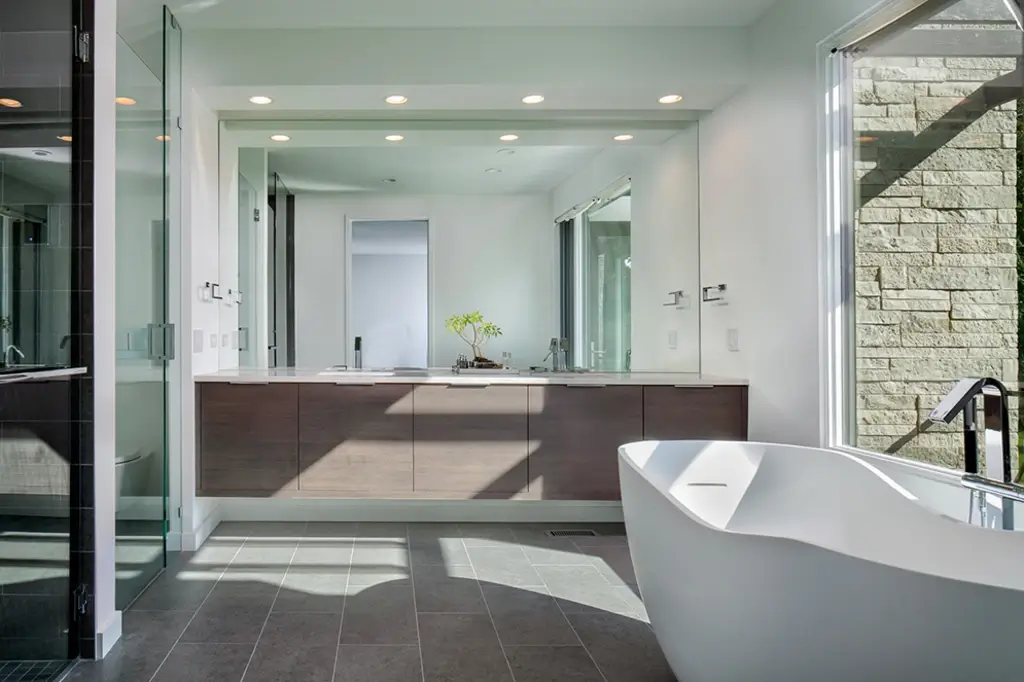 A luxurious bathroom with a freestanding tub