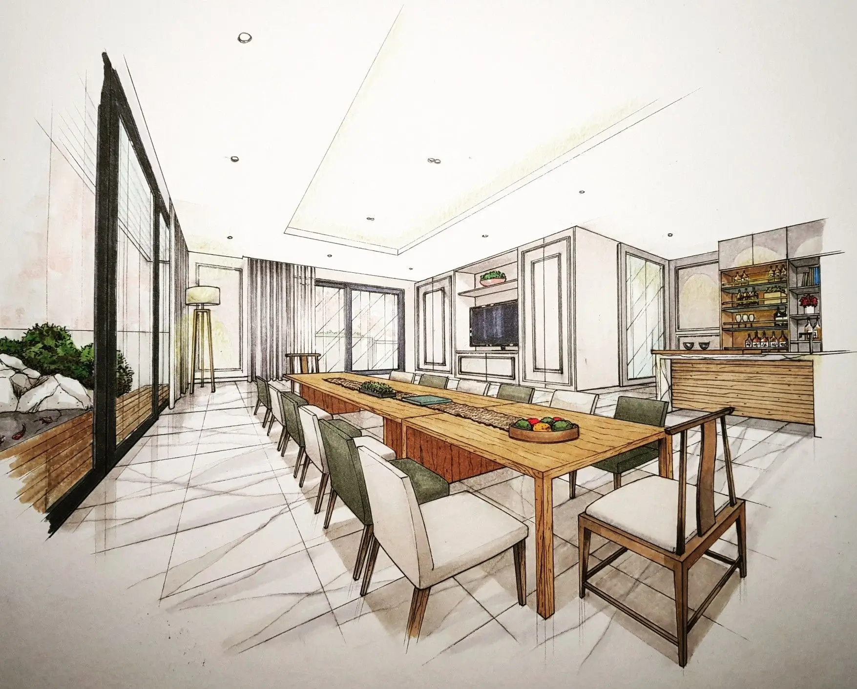 A hand-drawn architectural sketch lies on a table, with the finished interior visible in the background