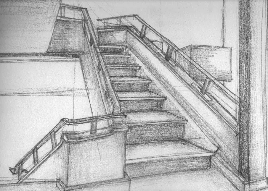 A detailed hand-drawn sketch of a custom staircase