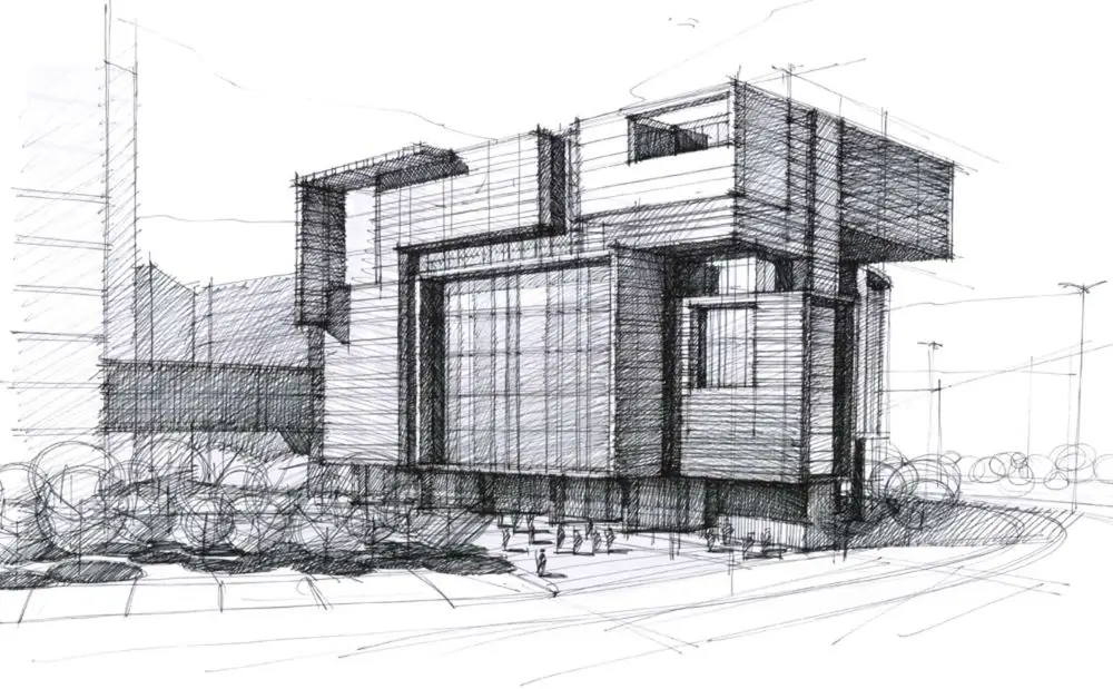 A detailed architectural sketch on a designer's desk